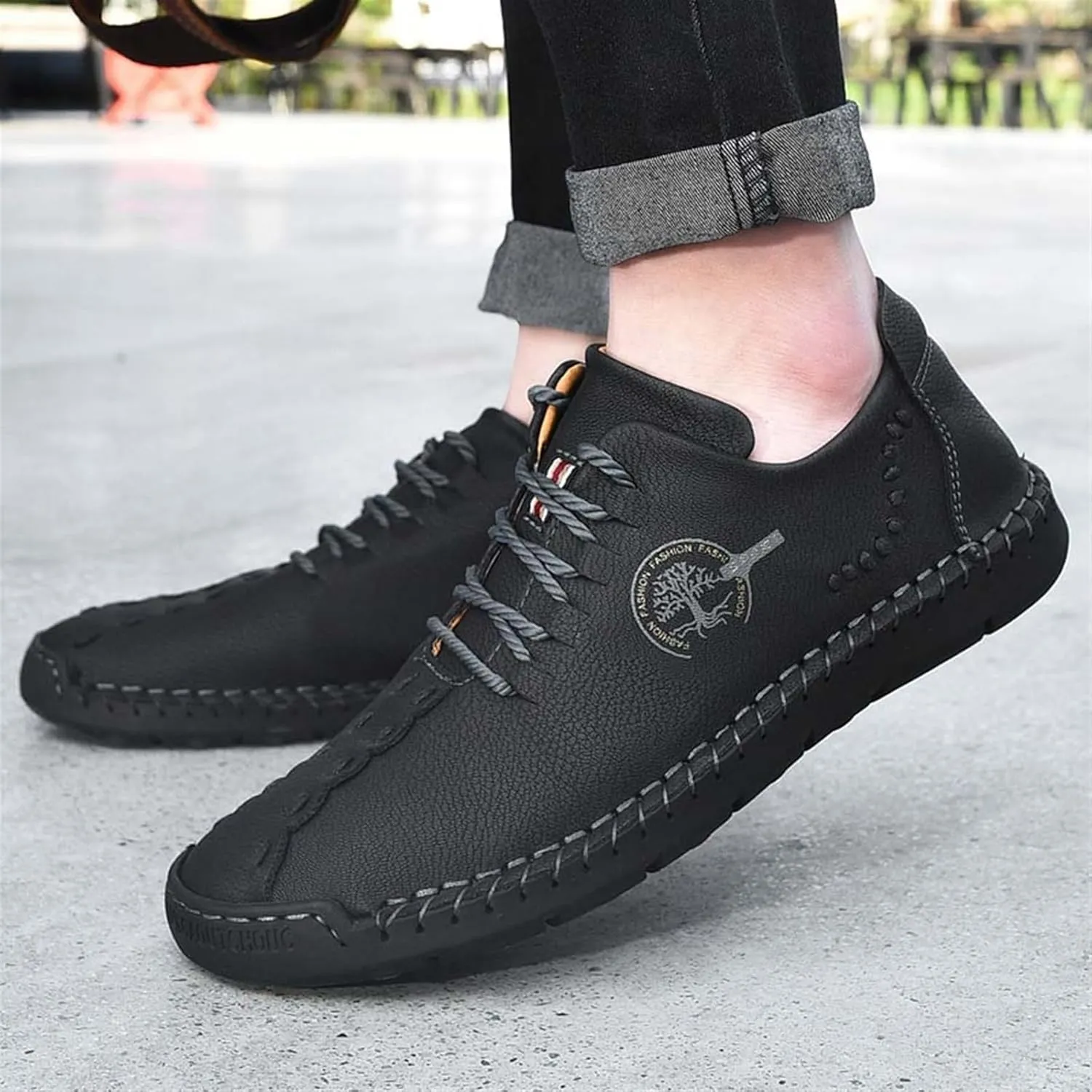 Men's Fashion Leather Non-Slip Lace Up Loafers Breathable Casual Outdoor Sports Walking Shoes Lightweight Flat Shoes for Men