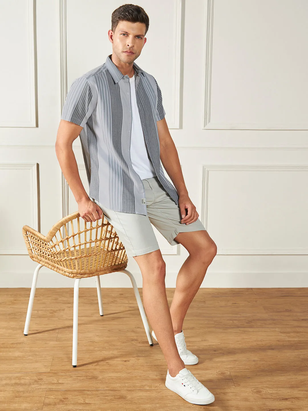 Men's Grey 100% Cotton Striped Casual Shirt