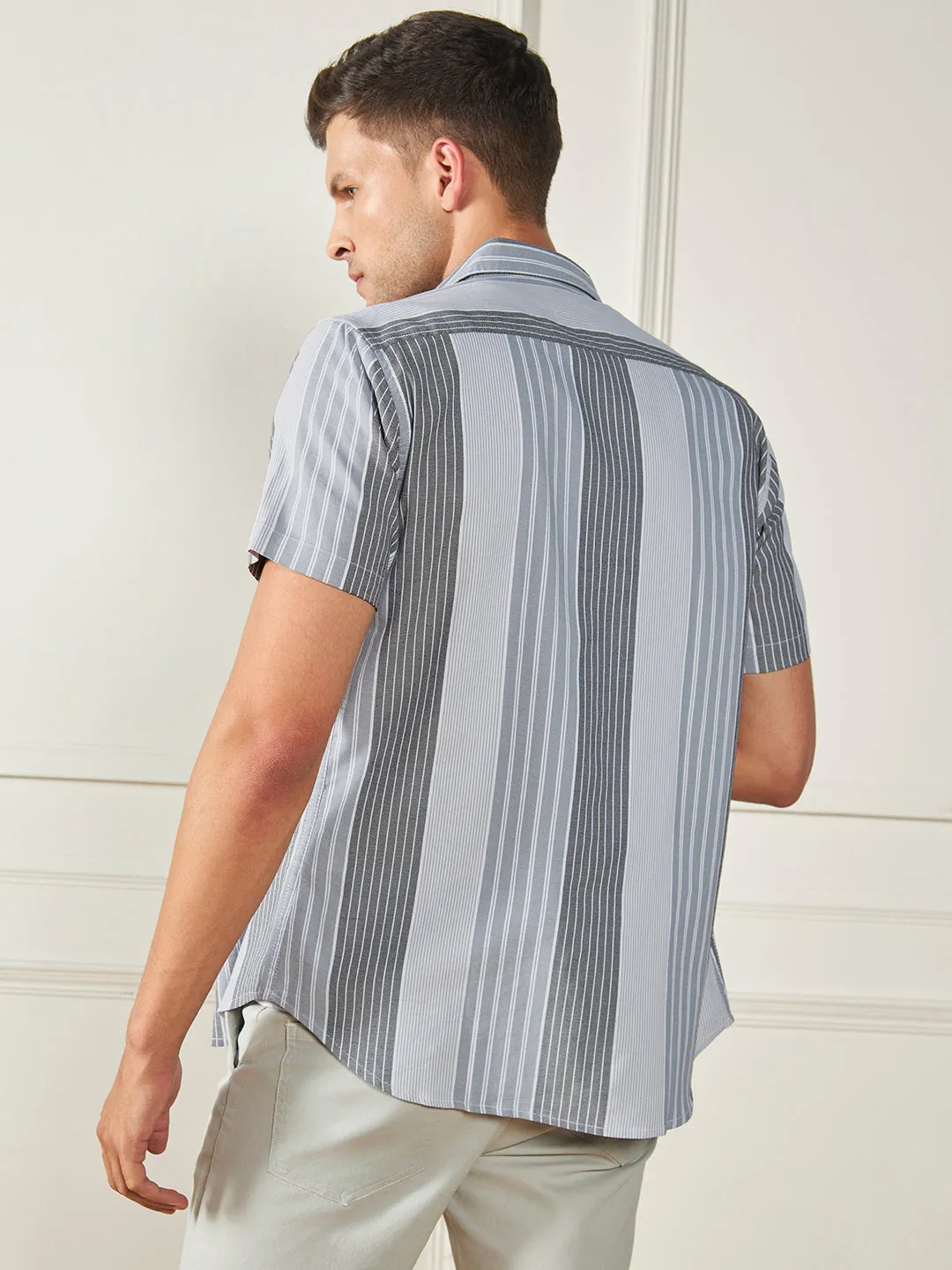 Men's Grey 100% Cotton Striped Casual Shirt