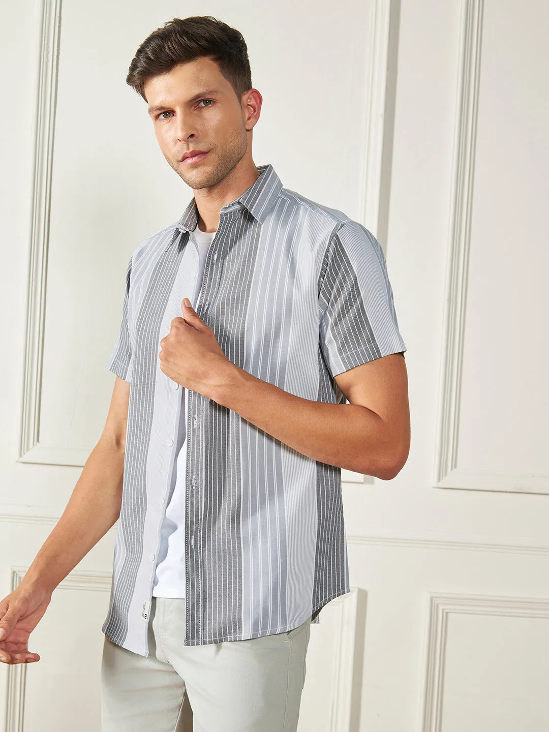 Men's Grey 100% Cotton Striped Casual Shirt