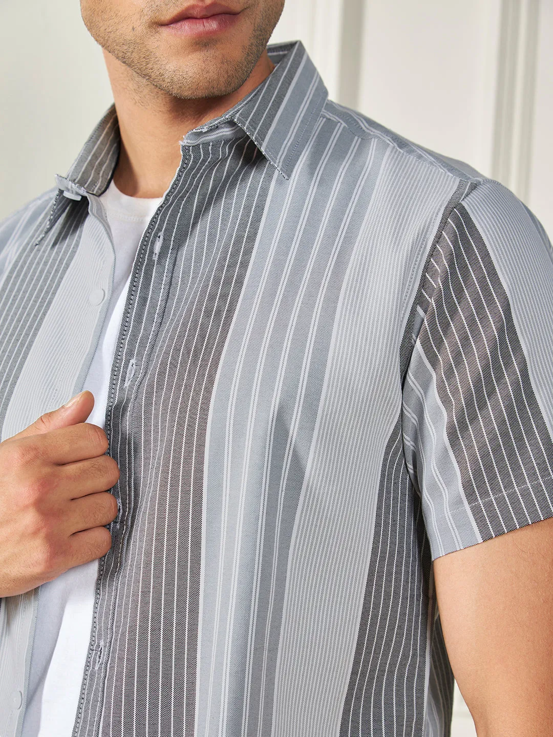 Men's Grey 100% Cotton Striped Casual Shirt