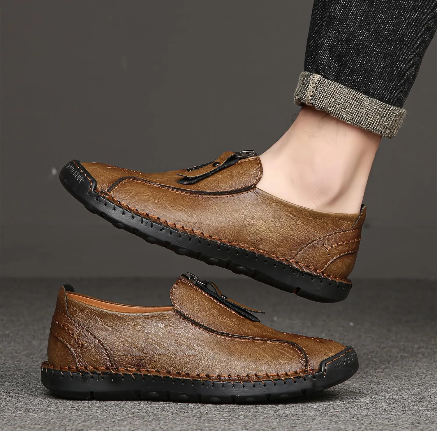 Men's Leather Loafers Slip-On Driving Penny Loafers Classic Moccasins Handstitched Zipper Design Comfort Casual Walking Shoes