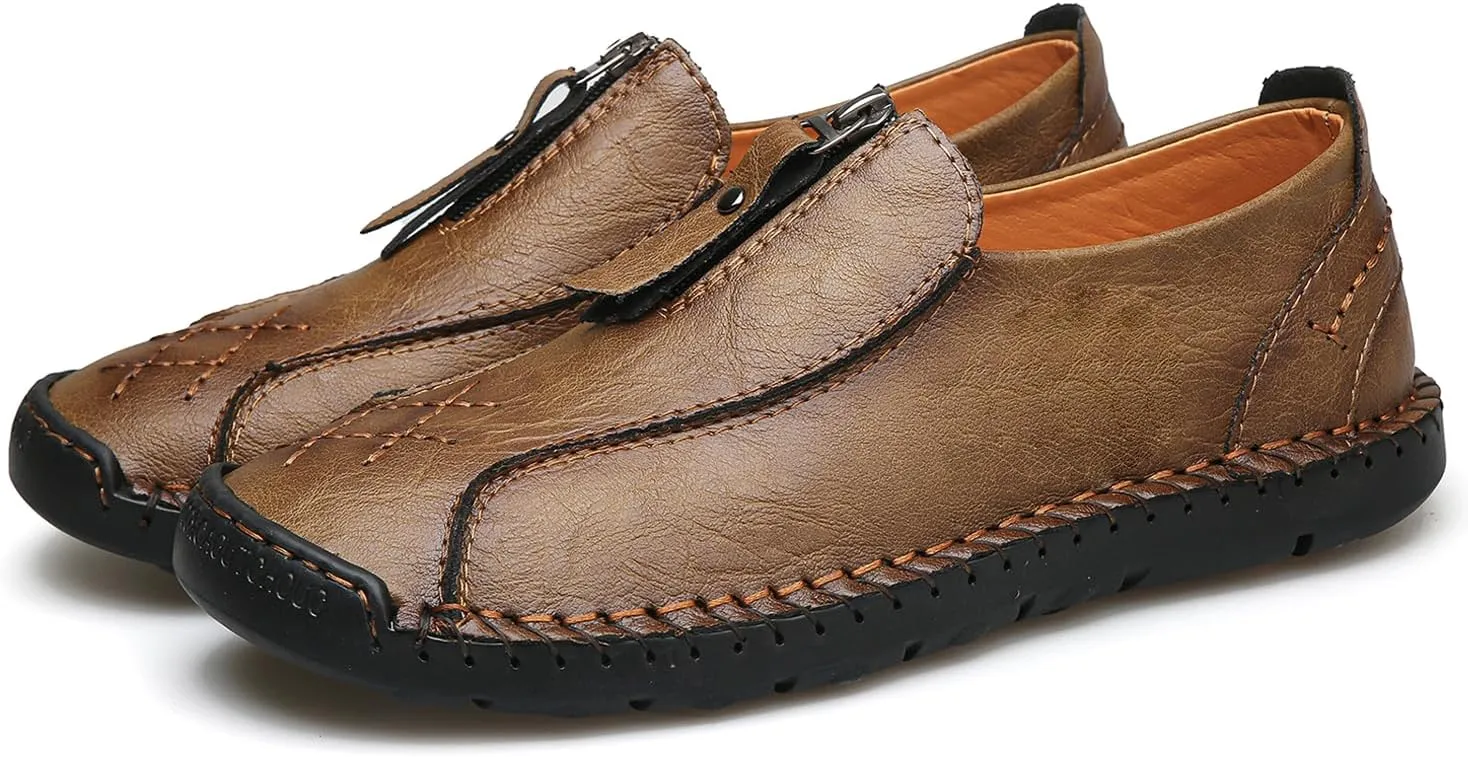 Men's Leather Loafers Slip-On Driving Penny Loafers Classic Moccasins Handstitched Zipper Design Comfort Casual Walking Shoes