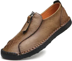 Men's Leather Loafers Slip-On Driving Penny Loafers Classic Moccasins Handstitched Zipper Design Comfort Casual Walking Shoes