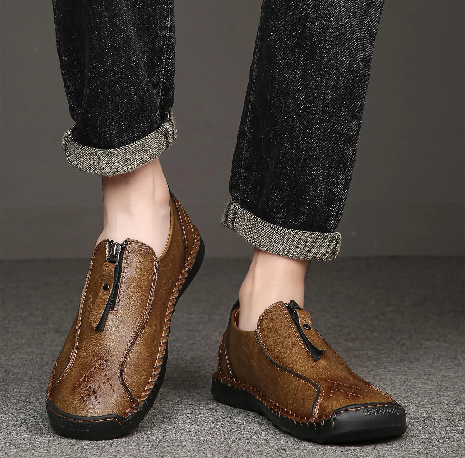 Men's Leather Loafers Slip-On Driving Penny Loafers Classic Moccasins Handstitched Zipper Design Comfort Casual Walking Shoes