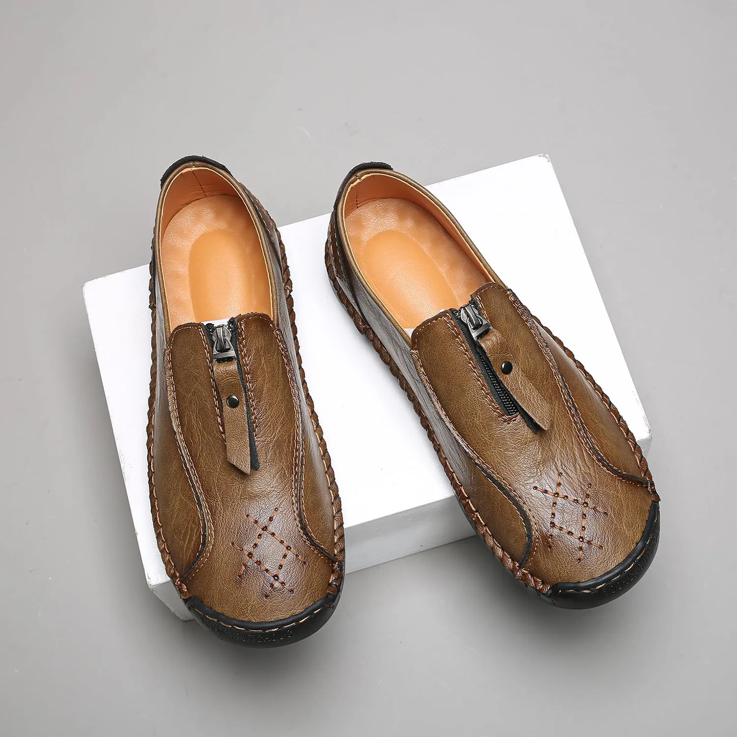 Men's Leather Loafers Slip-On Driving Penny Loafers Classic Moccasins Handstitched Zipper Design Comfort Casual Walking Shoes
