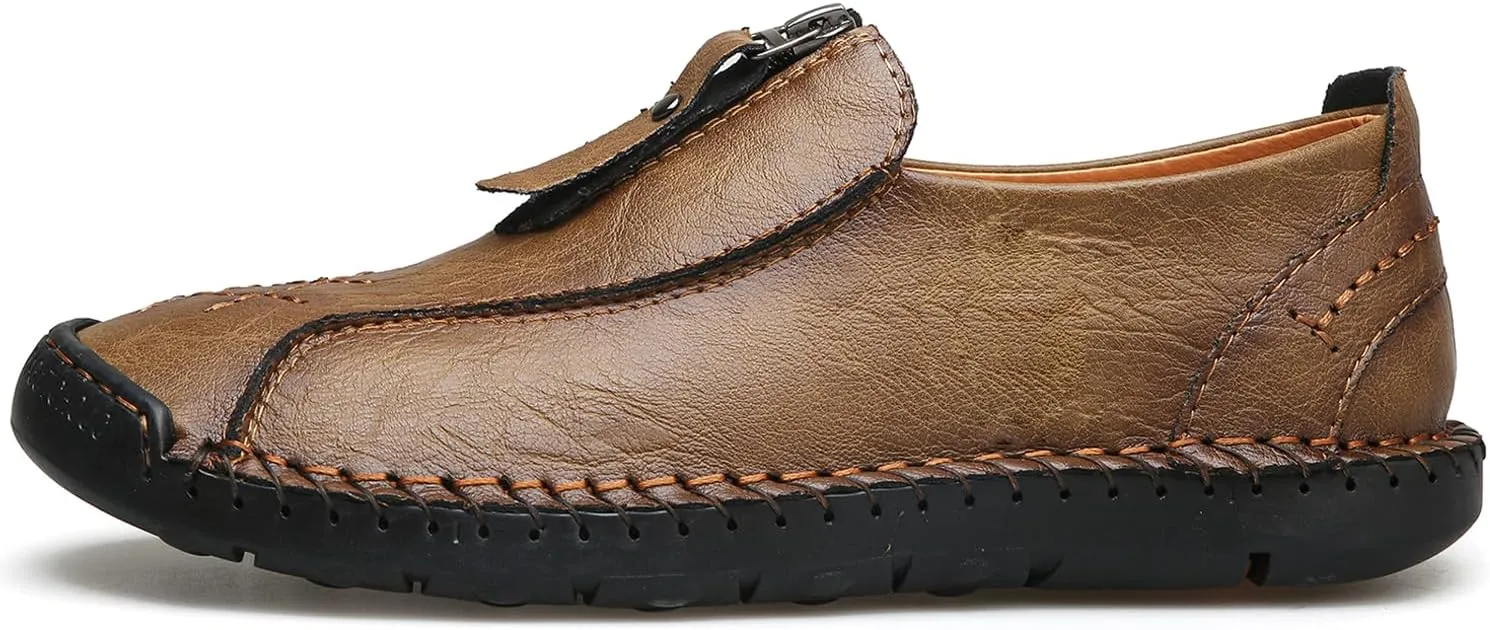 Men's Leather Loafers Slip-On Driving Penny Loafers Classic Moccasins Handstitched Zipper Design Comfort Casual Walking Shoes