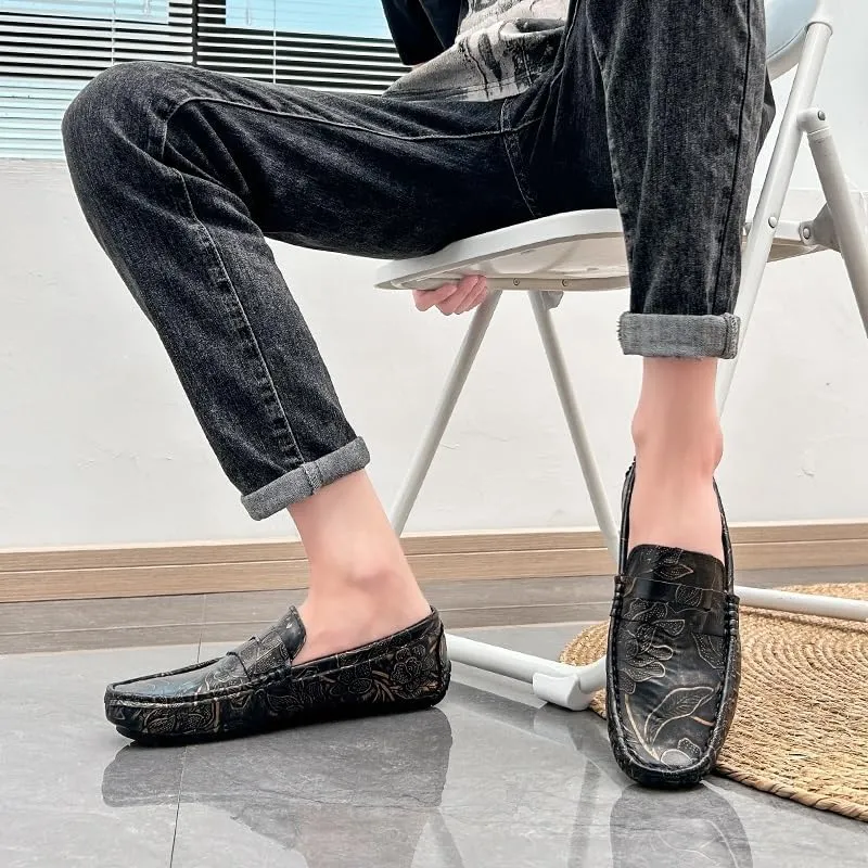 Mens Loafers Shoe Square Toe Floral Print Nubuck Leather Penny Driving Loafers Slip Resistant Lightweight Anti-Slip Fashion Slip-on