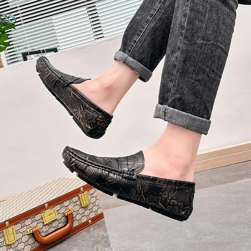 Mens Loafers Shoe Square Toe Floral Print Nubuck Leather Penny Driving Loafers Slip Resistant Lightweight Anti-Slip Fashion Slip-on