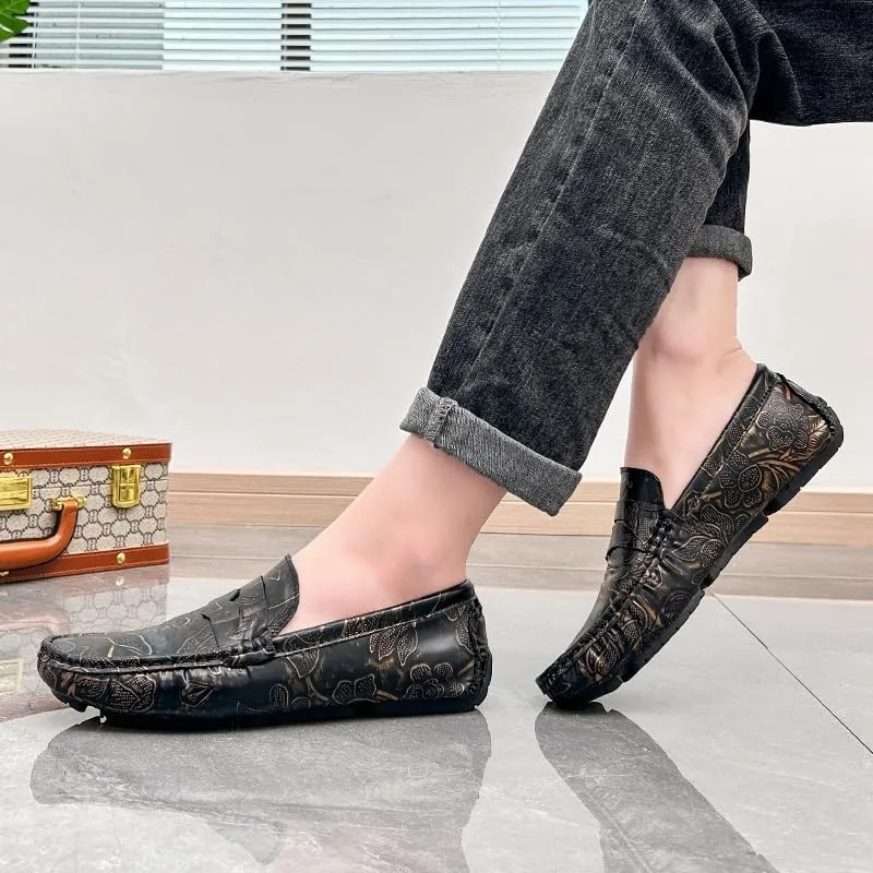 Mens Loafers Shoe Square Toe Floral Print Nubuck Leather Penny Driving Loafers Slip Resistant Lightweight Anti-Slip Fashion Slip-on
