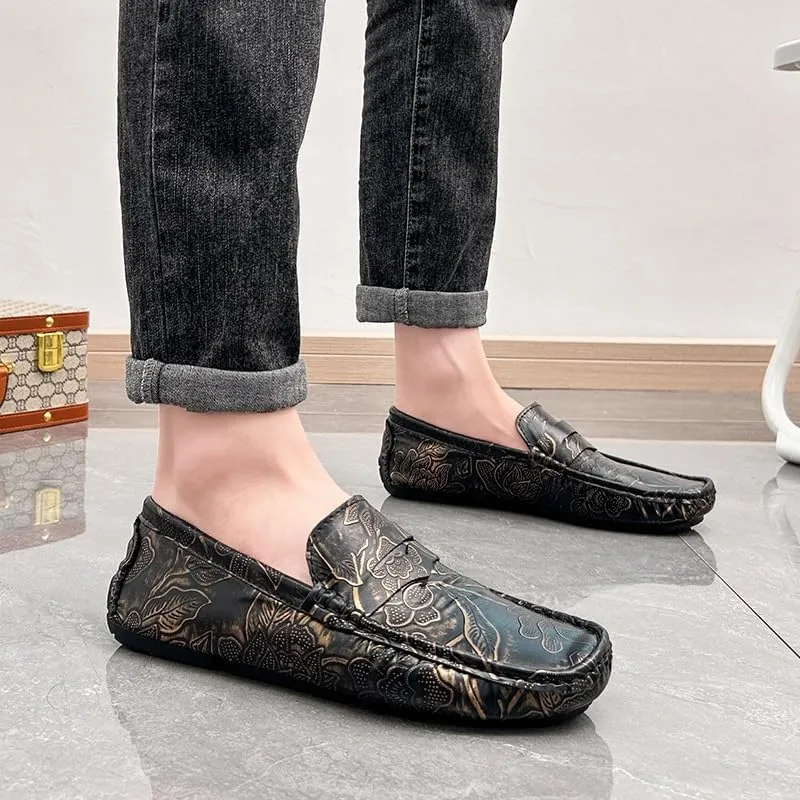 Mens Loafers Shoe Square Toe Floral Print Nubuck Leather Penny Driving Loafers Slip Resistant Lightweight Anti-Slip Fashion Slip-on