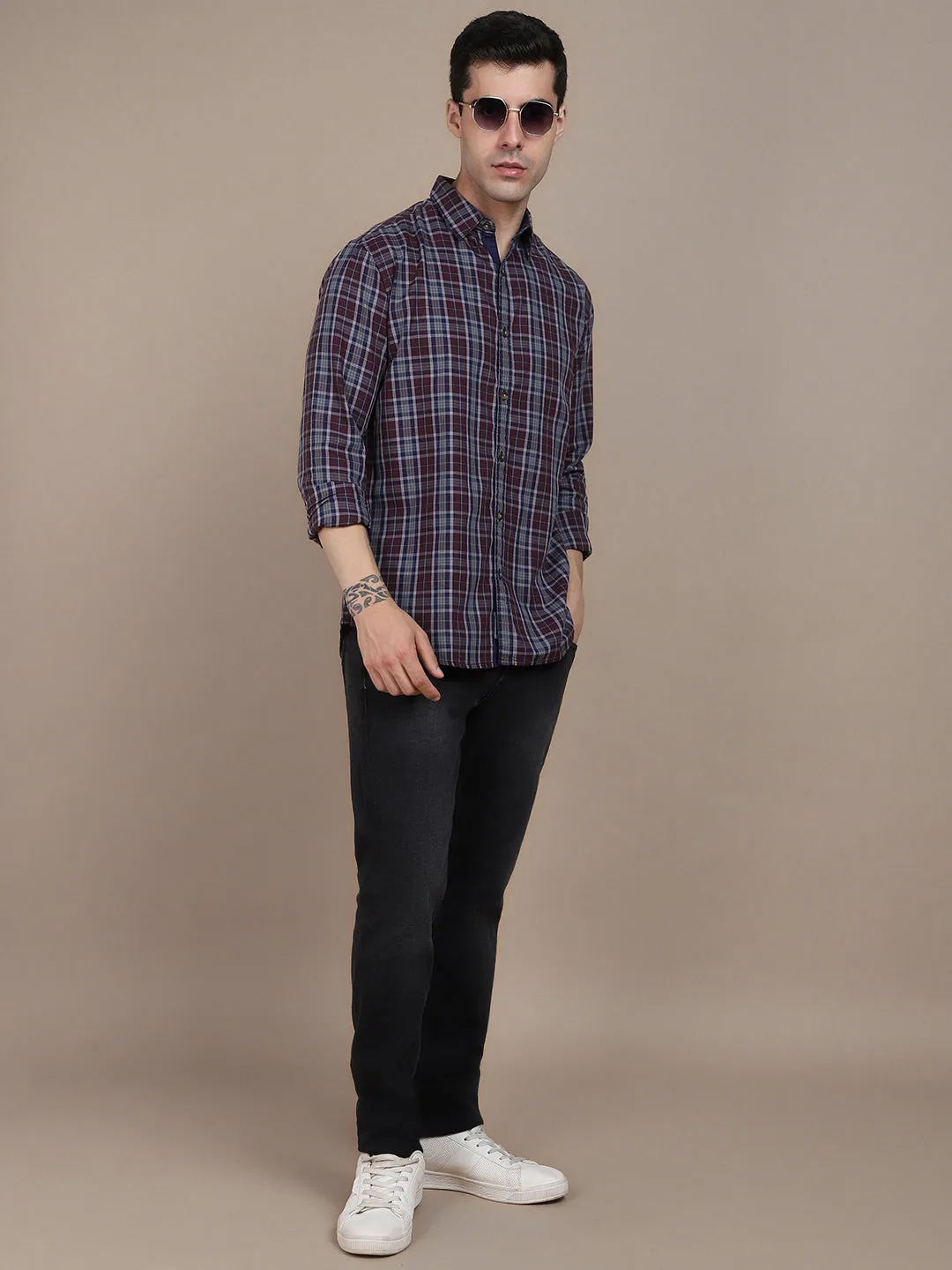 Men's Slim Fit Tartan Checked Pure Cotton Casual Shirt