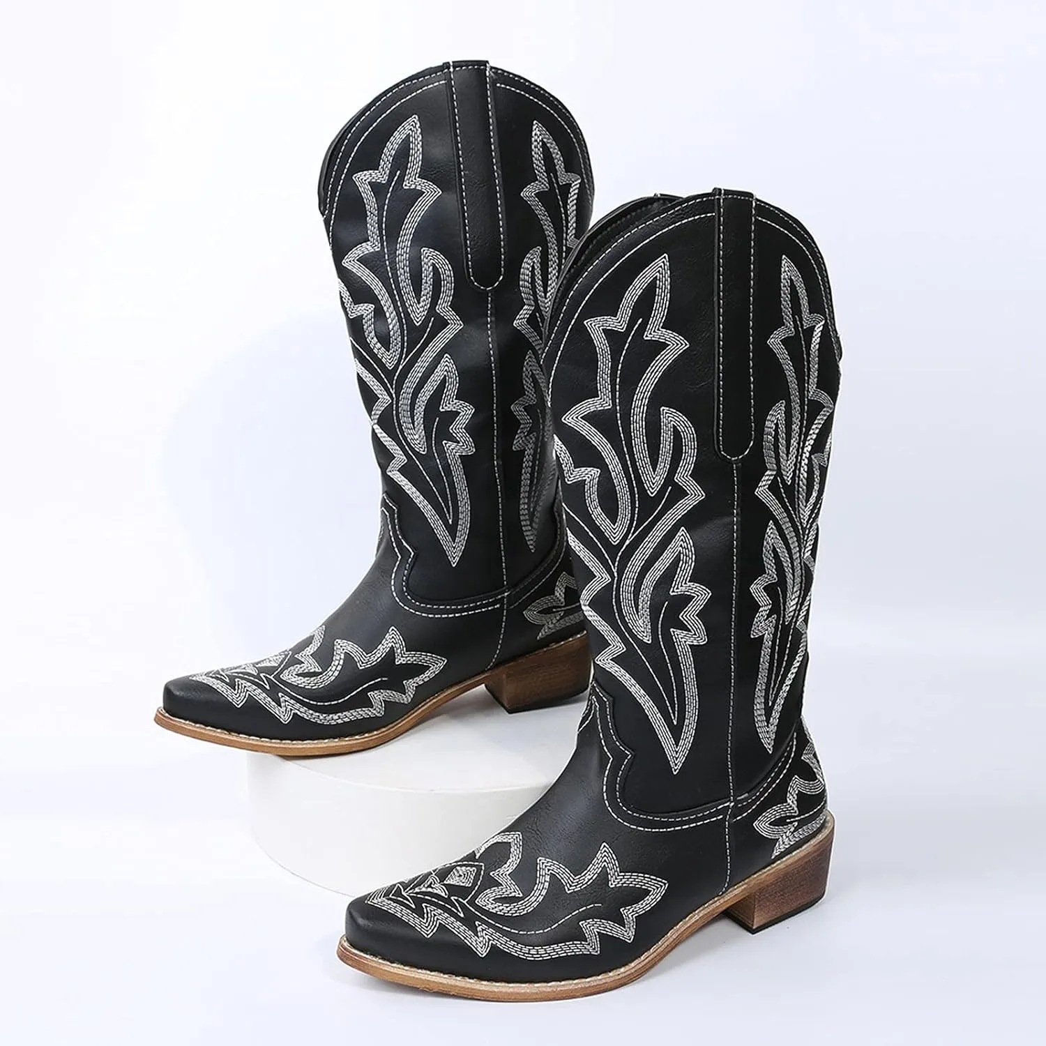 Mid Calf Boots for Women Cowboy Boots Women Cowboy Boots Retro Slip On Chunky Heel Embroidery Pointed Toe Women Boots