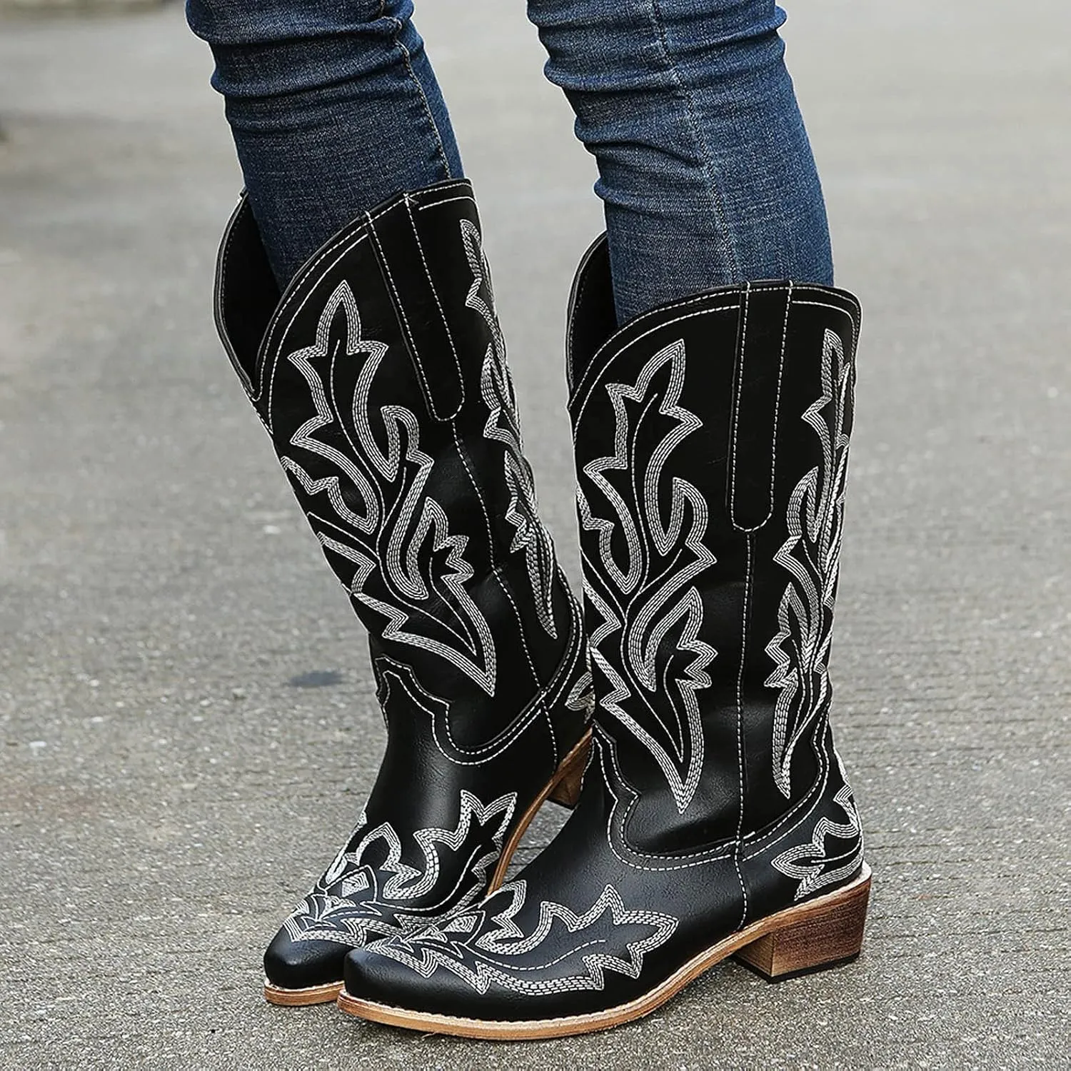 Mid Calf Boots for Women Cowboy Boots Women Cowboy Boots Retro Slip On Chunky Heel Embroidery Pointed Toe Women Boots