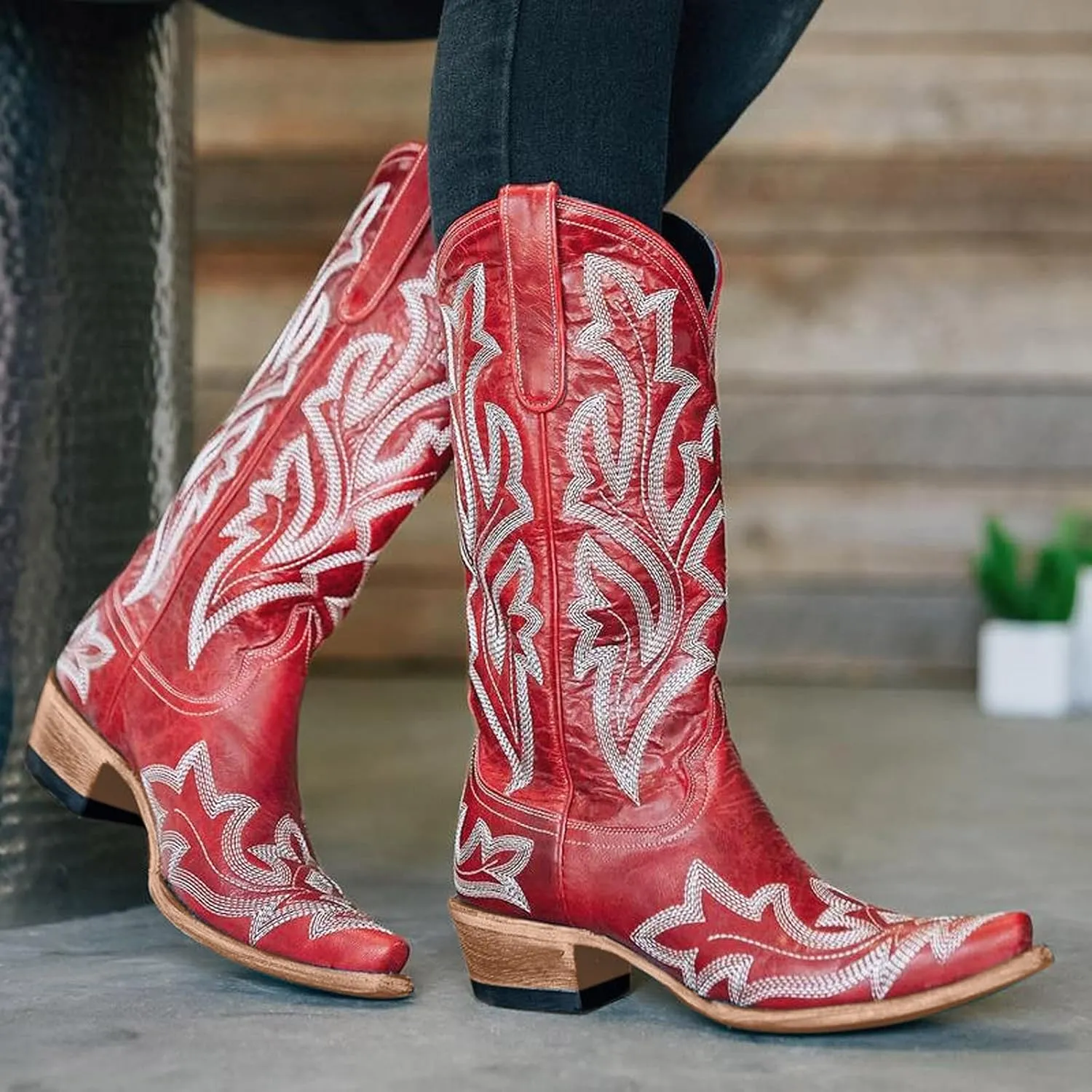 Mid Calf Boots for Women Cowboy Boots Women Cowboy Boots Retro Slip On Chunky Heel Embroidery Pointed Toe Women Boots