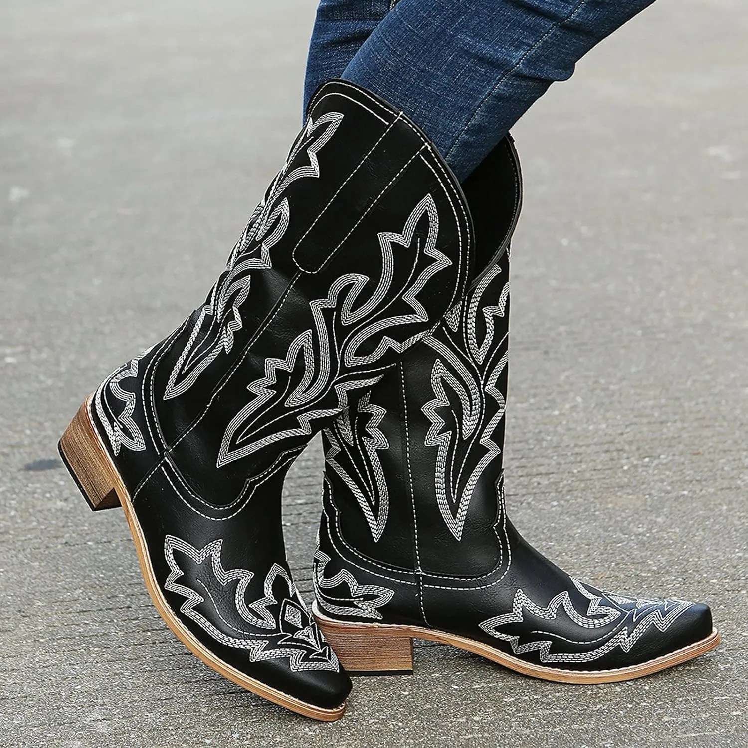 Mid Calf Boots for Women Cowboy Boots Women Cowboy Boots Retro Slip On Chunky Heel Embroidery Pointed Toe Women Boots