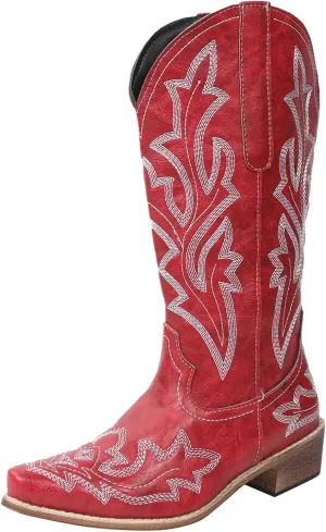 Mid Calf Boots for Women Cowboy Boots Women Cowboy Boots Retro Slip On Chunky Heel Embroidery Pointed Toe Women Boots