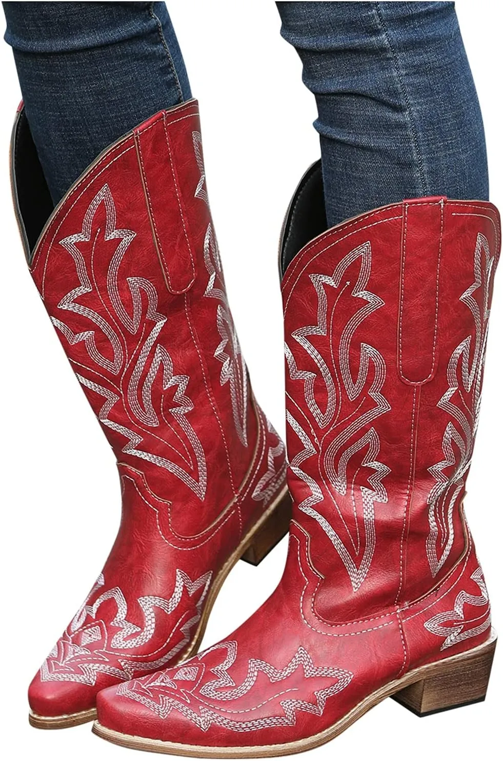 Mid Calf Boots for Women Cowboy Boots Women Cowboy Boots Retro Slip On Chunky Heel Embroidery Pointed Toe Women Boots