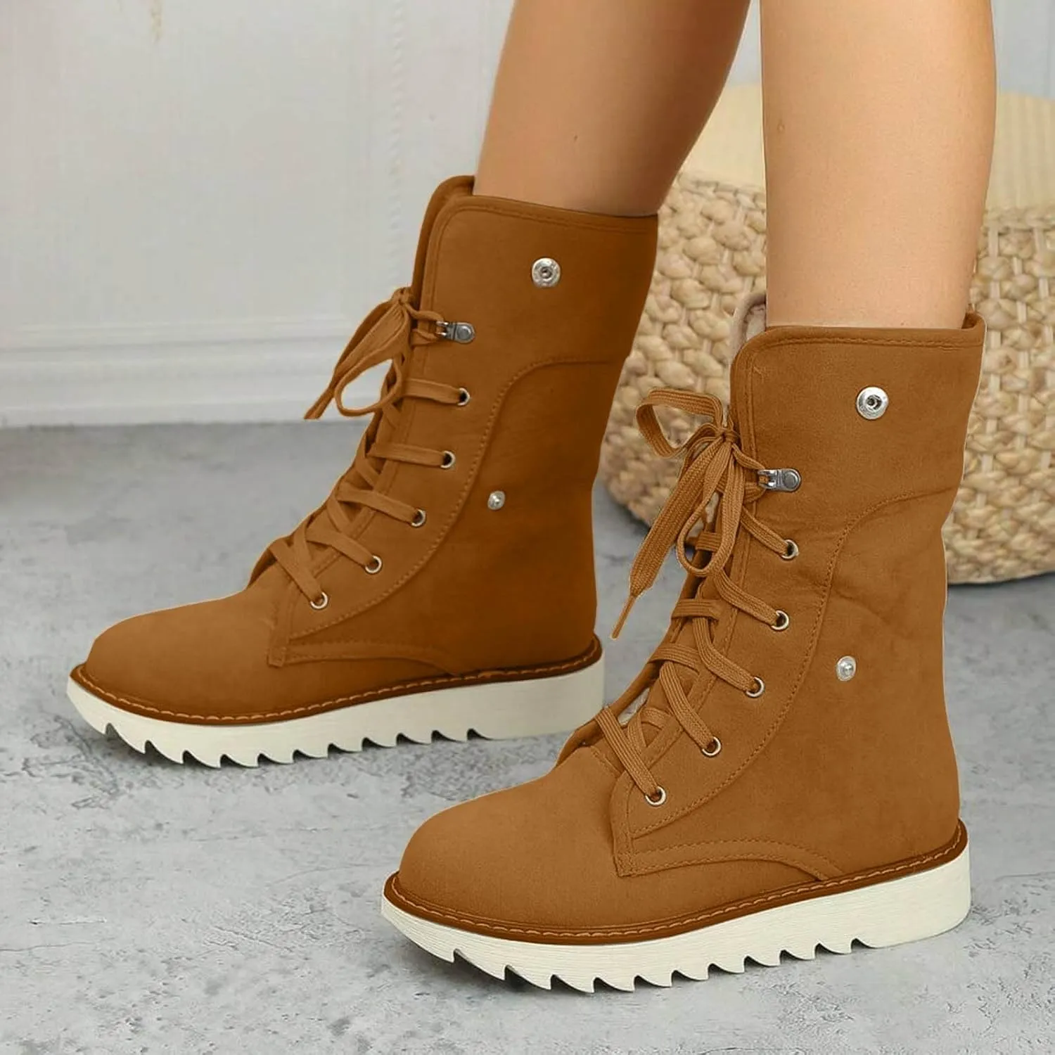 Mid Calf Boots High Top Ankle Boots for Women Fashion Padded Low Heel Warm Round Toe Lace Up Flat Thick Boots