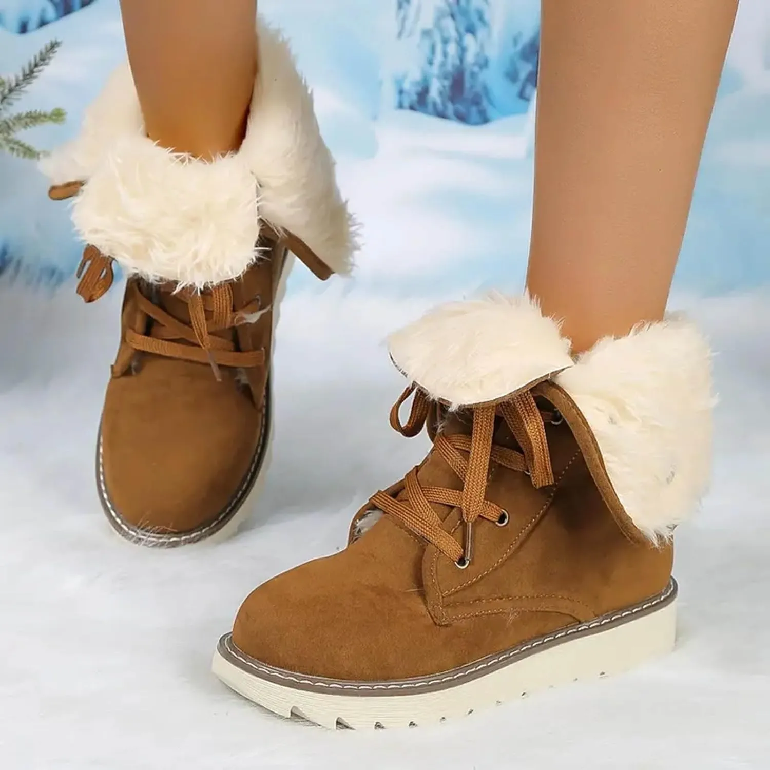 Mid Calf Boots High Top Ankle Boots for Women Fashion Padded Low Heel Warm Round Toe Lace Up Flat Thick Boots