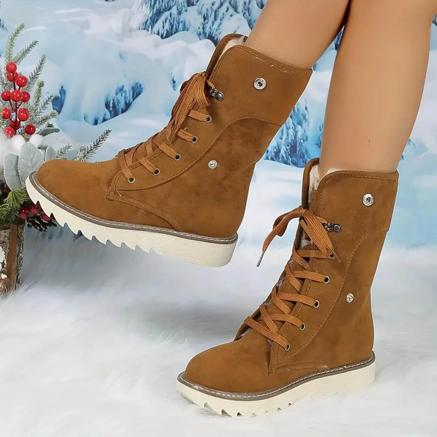 Mid Calf Boots High Top Ankle Boots for Women Fashion Padded Low Heel Warm Round Toe Lace Up Flat Thick Boots