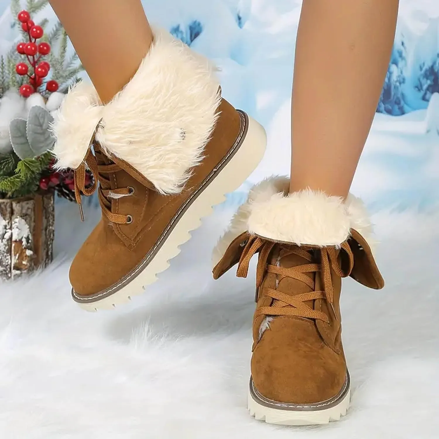 Mid Calf Boots High Top Ankle Boots for Women Fashion Padded Low Heel Warm Round Toe Lace Up Flat Thick Boots