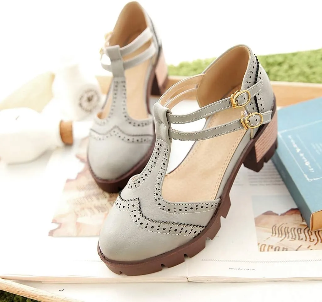 MIOKE Women's T-Strap Mary Jane Pumps Retro Round Toe Platform Chunky Heel Brogue Vintage Oxford Shoes
