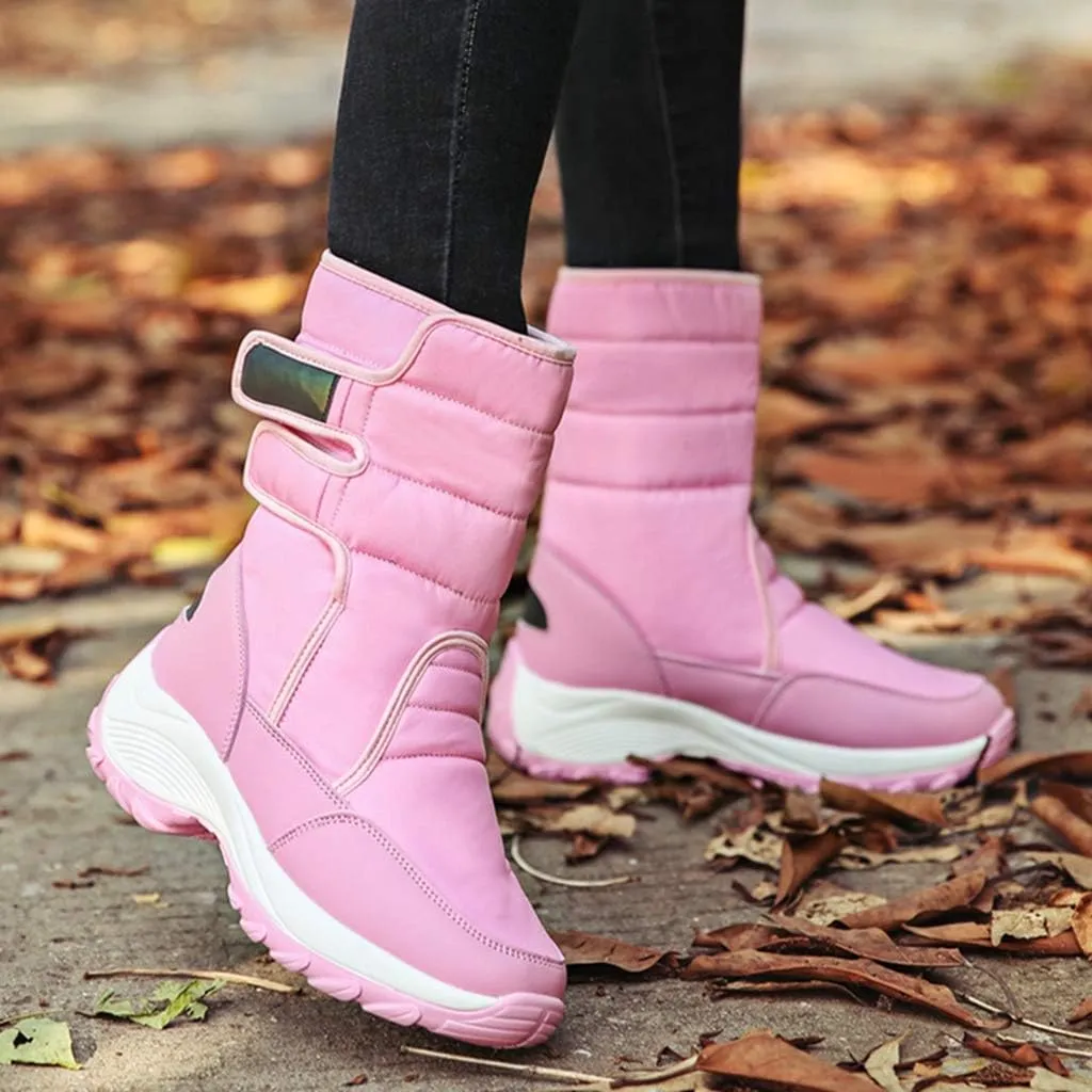 MIOKE Women's Waterproof Rain Snow Boots Winter Mid Wide Calf Platform Hook-and-Loop Fashion Ski Snow Boot