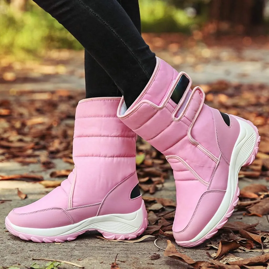 MIOKE Women's Waterproof Rain Snow Boots Winter Mid Wide Calf Platform Hook-and-Loop Fashion Ski Snow Boot