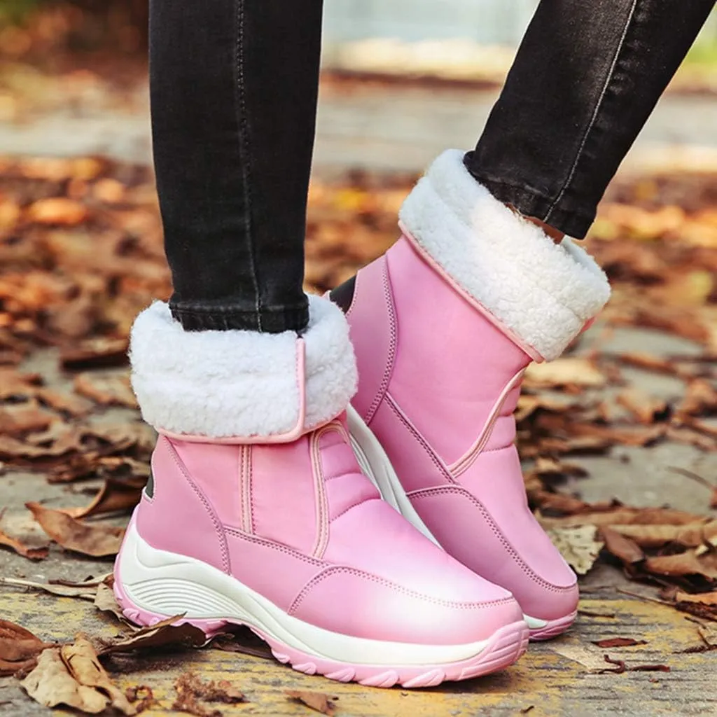 MIOKE Women's Waterproof Rain Snow Boots Winter Mid Wide Calf Platform Hook-and-Loop Fashion Ski Snow Boot