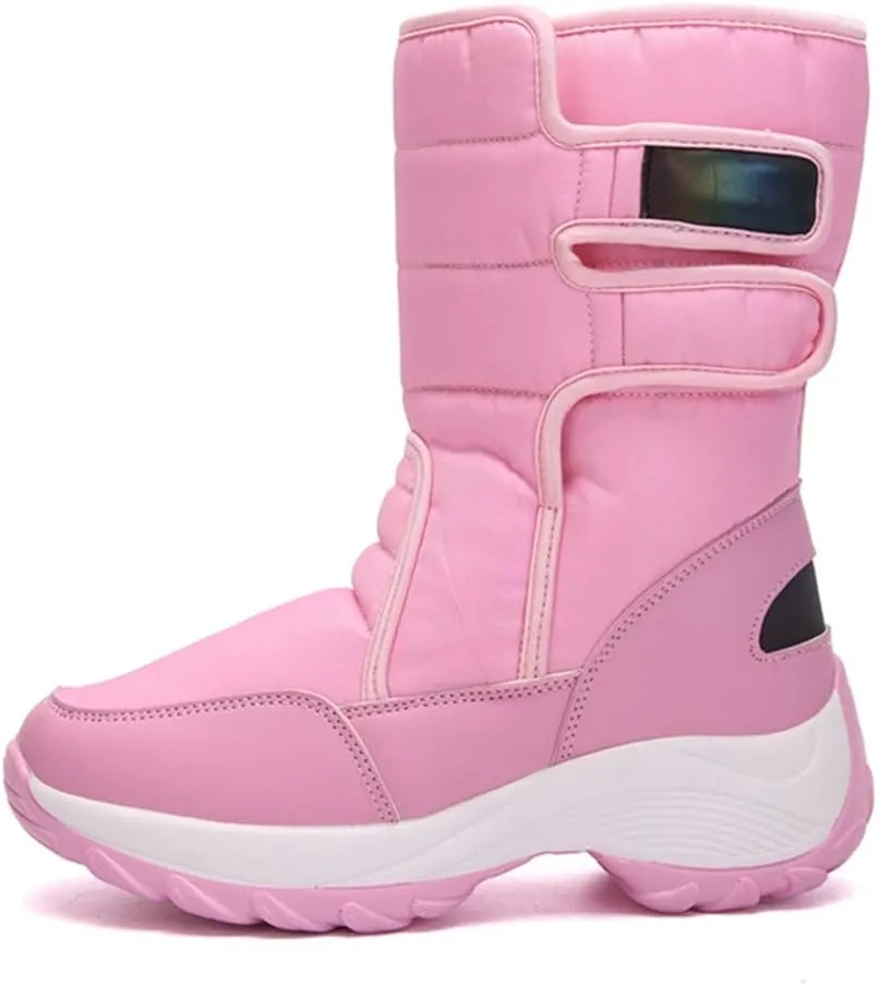 MIOKE Women's Waterproof Rain Snow Boots Winter Mid Wide Calf Platform Hook-and-Loop Fashion Ski Snow Boot
