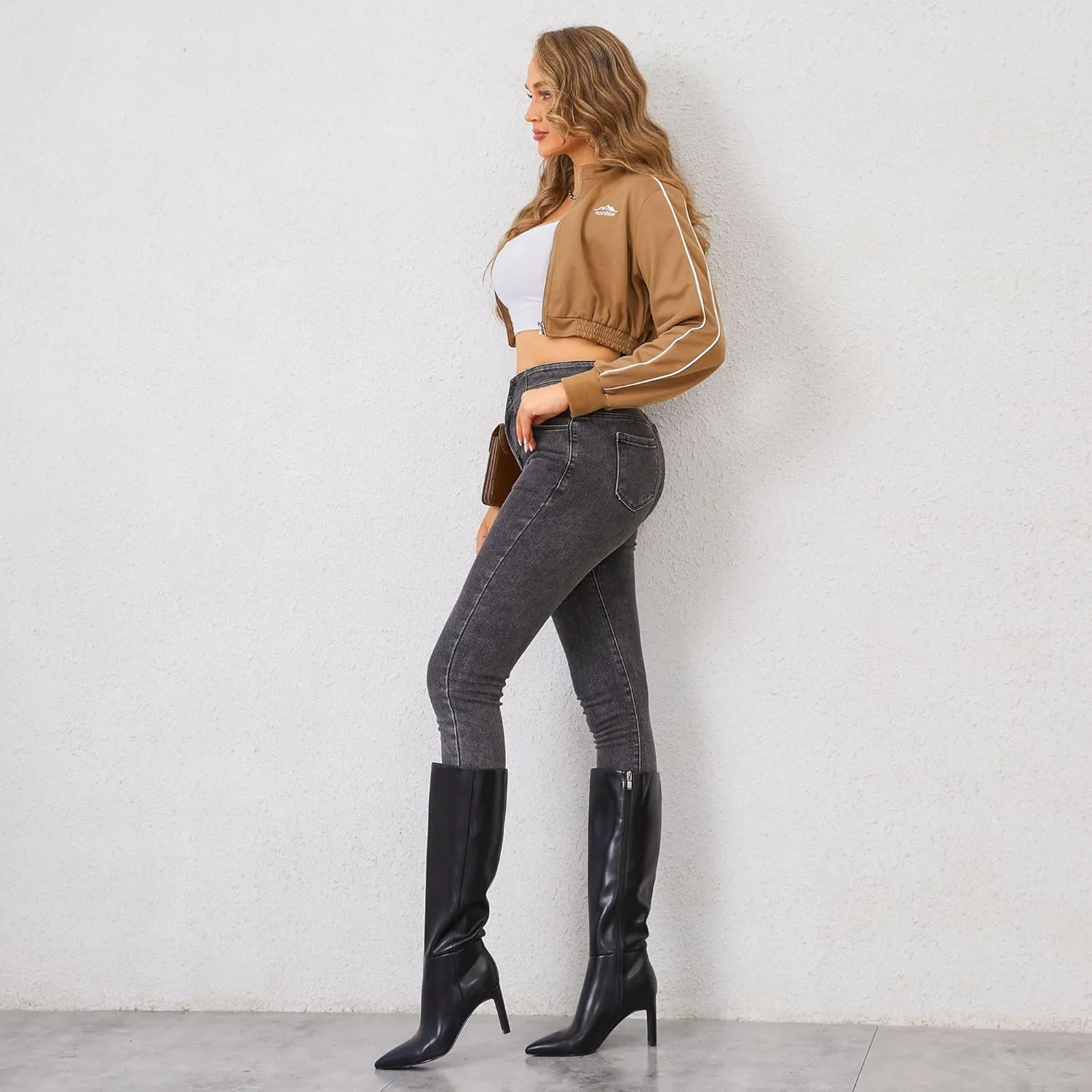 Modatope Knee High Boots for Women Pointed Toe Chunky Heel Tall Boots Side Zipper Fall Long Boots