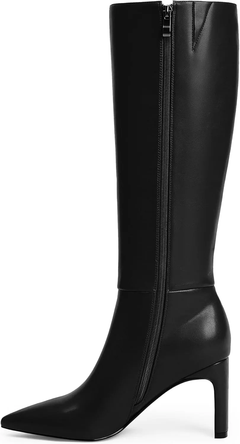 Modatope Knee High Boots for Women Pointed Toe Chunky Heel Tall Boots Side Zipper Fall Long Boots
