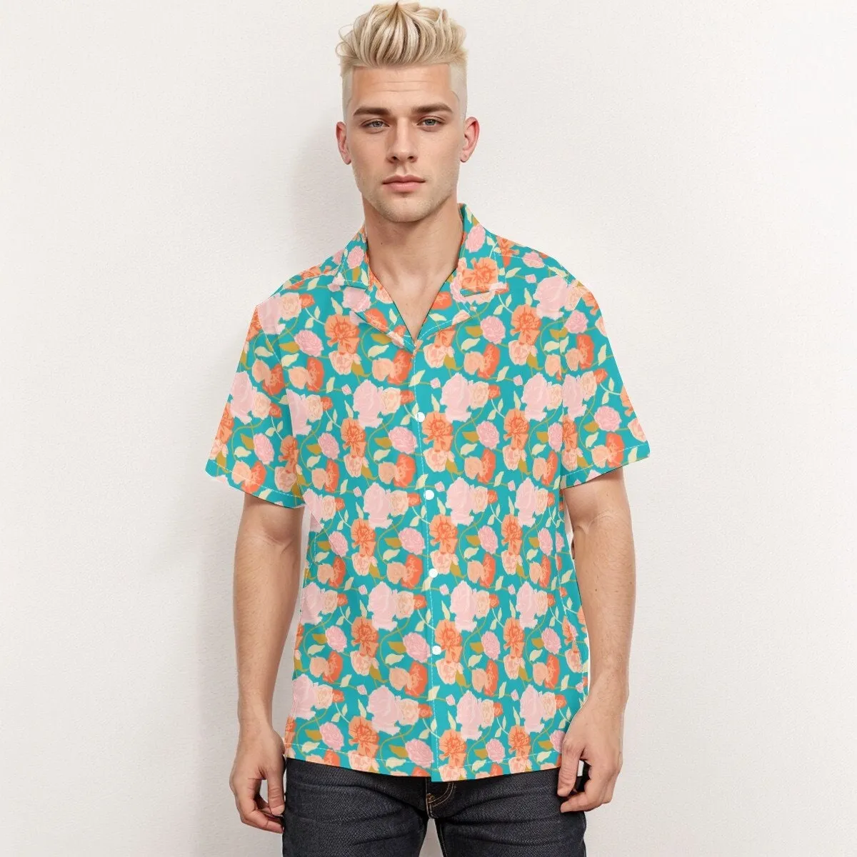 Pink Blue Floral Shirt Men, Hawaiian shirt Men, Floral Print Shirt, Turquoise Shirt Men, Vacation shirt men, Beach Wedding Shirt Men