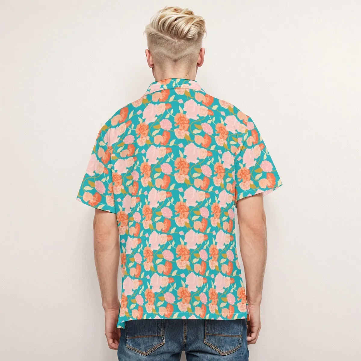 Pink Blue Floral Shirt Men, Hawaiian shirt Men, Floral Print Shirt, Turquoise Shirt Men, Vacation shirt men, Beach Wedding Shirt Men