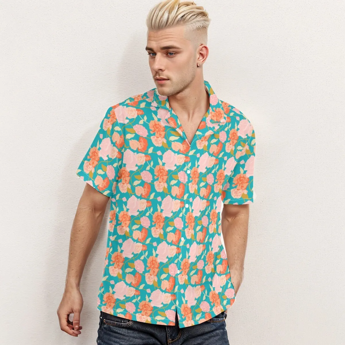 Pink Blue Floral Shirt Men, Hawaiian shirt Men, Floral Print Shirt, Turquoise Shirt Men, Vacation shirt men, Beach Wedding Shirt Men