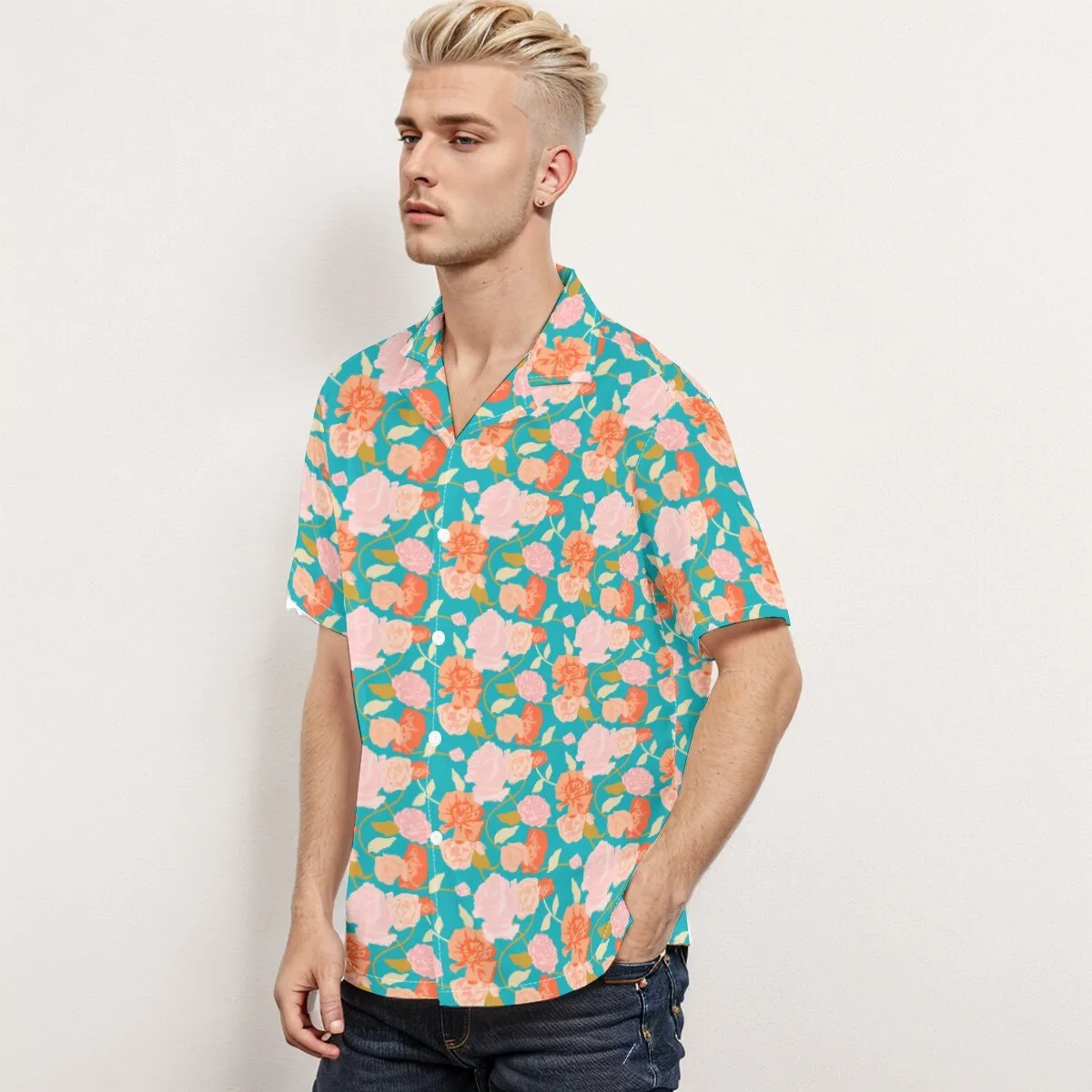 Pink Blue Floral Shirt Men, Hawaiian shirt Men, Floral Print Shirt, Turquoise Shirt Men, Vacation shirt men, Beach Wedding Shirt Men