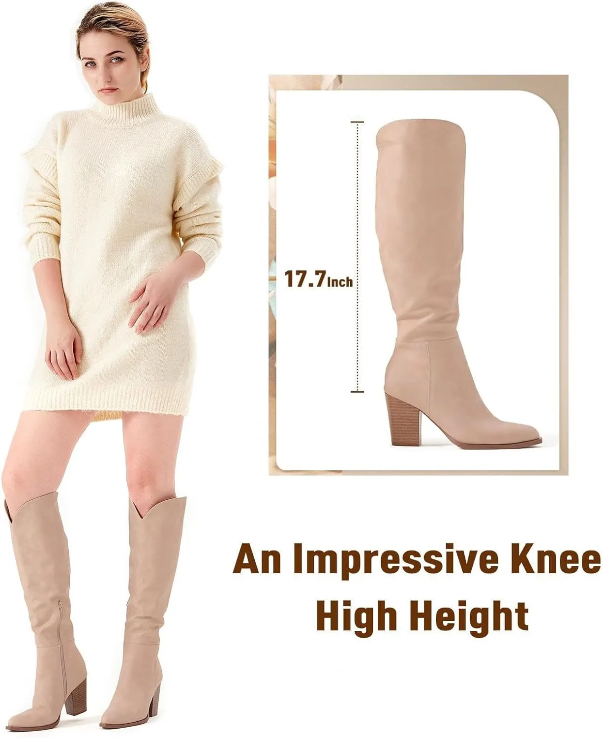 Putu Women's Knee High Boots High Heel Western Boots Pointed Toe Tall Boots