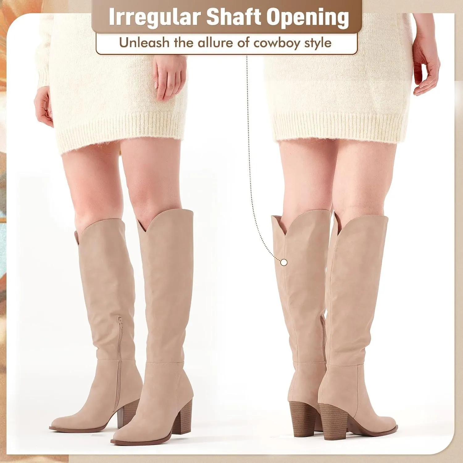 Putu Women's Knee High Boots High Heel Western Boots Pointed Toe Tall Boots