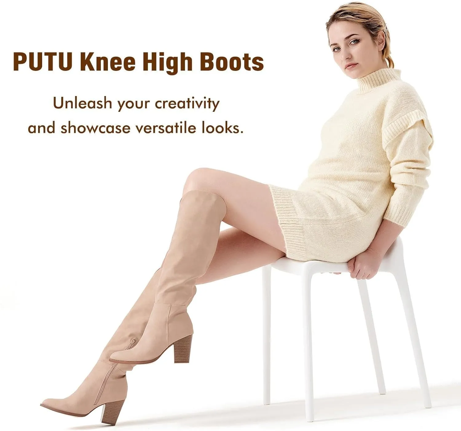 Putu Women's Knee High Boots High Heel Western Boots Pointed Toe Tall Boots