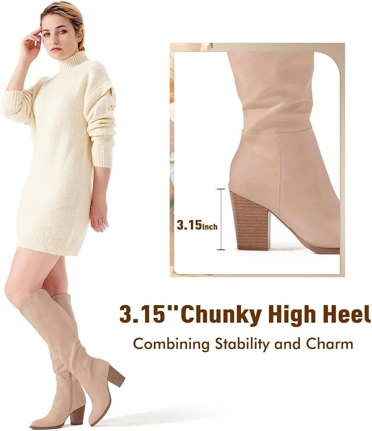Putu Women's Knee High Boots High Heel Western Boots Pointed Toe Tall Boots
