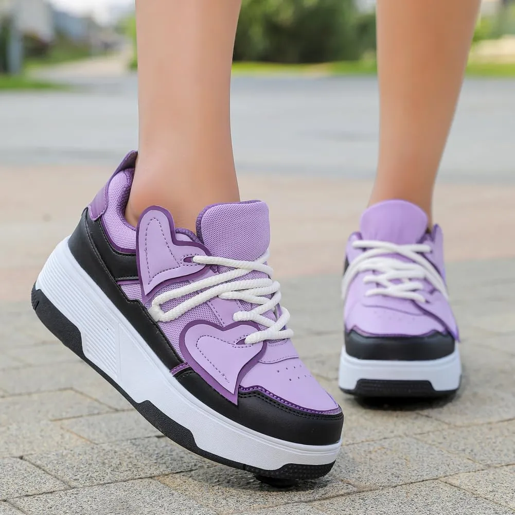 Roller Shoes for Boys & Girls Comfortable Breathable Sneakers with Detachable Retractable Wheels Kids Wheeled Footwear with Front Toe Brake Beginner Roller Skates
