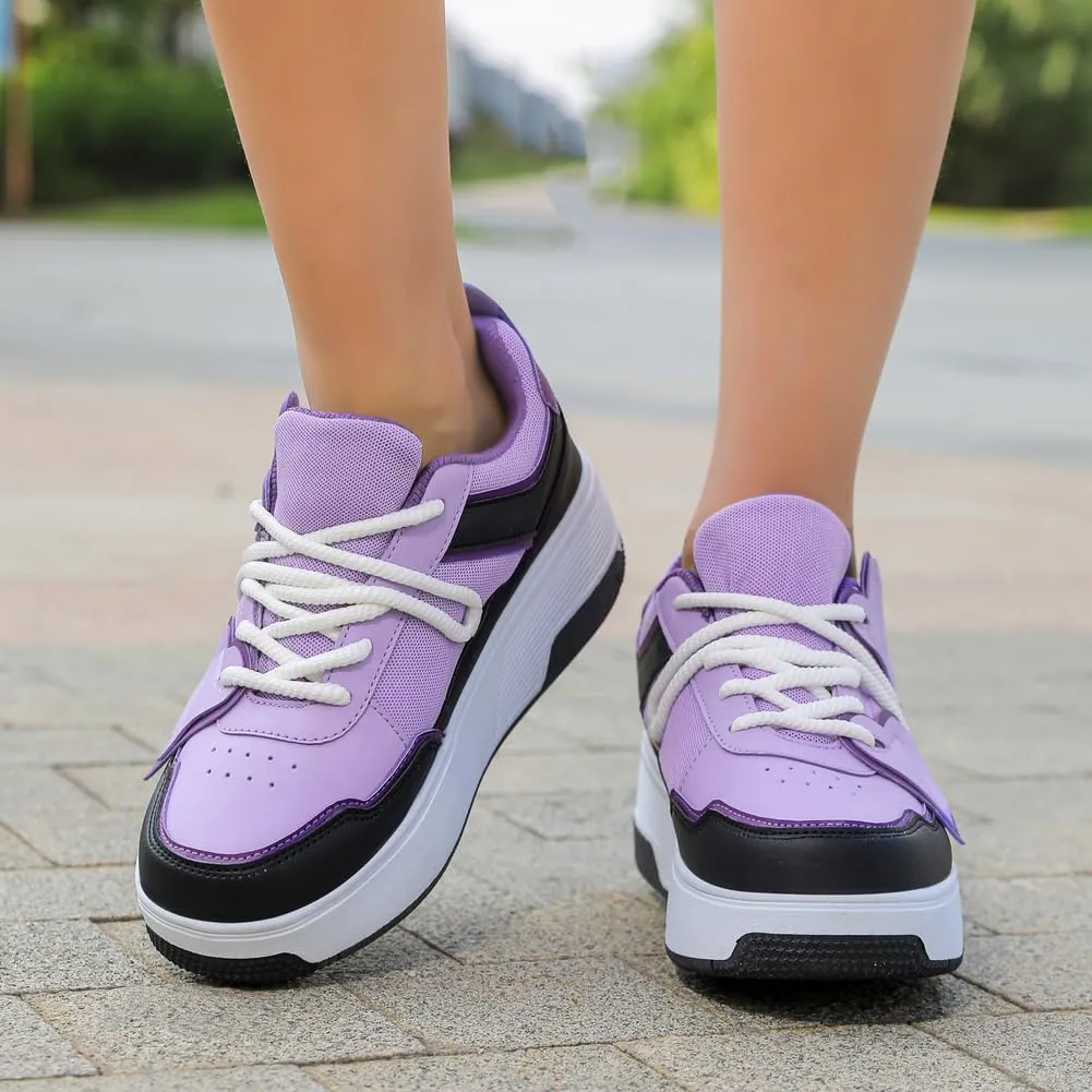 Roller Shoes for Boys & Girls Comfortable Breathable Sneakers with Detachable Retractable Wheels Kids Wheeled Footwear with Front Toe Brake Beginner Roller Skates