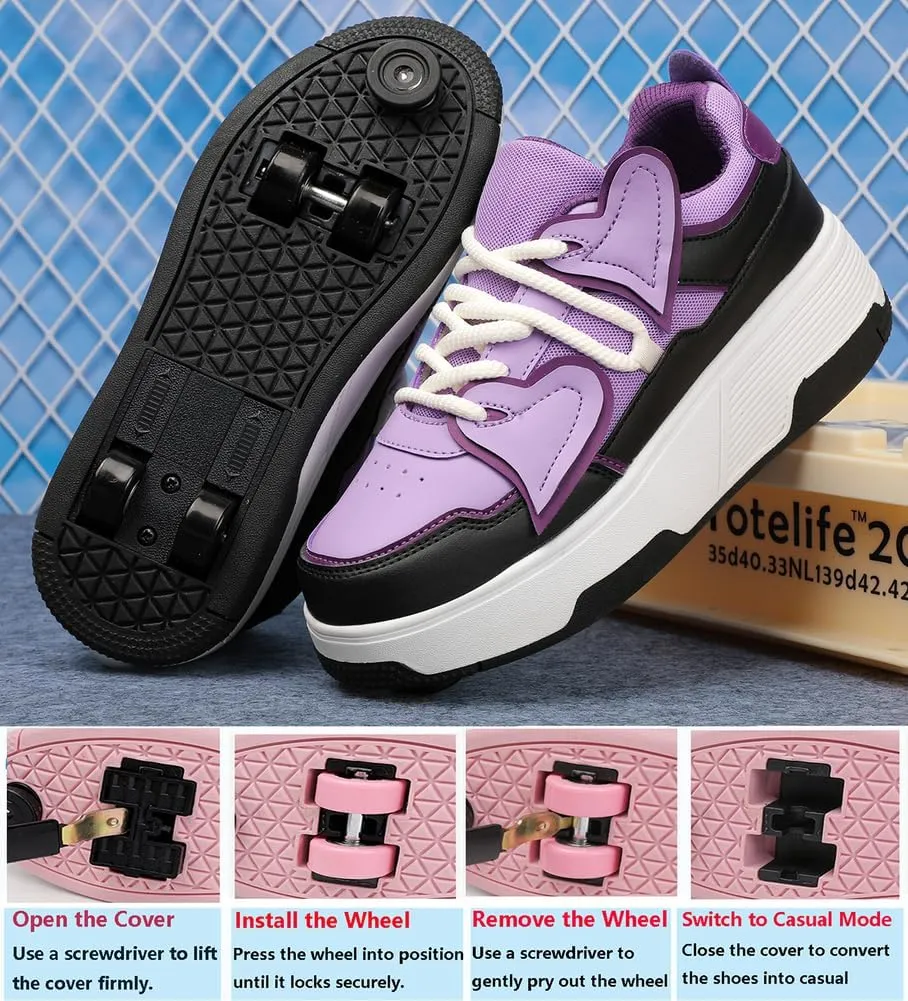 Roller Shoes for Boys & Girls Comfortable Breathable Sneakers with Detachable Retractable Wheels Kids Wheeled Footwear with Front Toe Brake Beginner Roller Skates