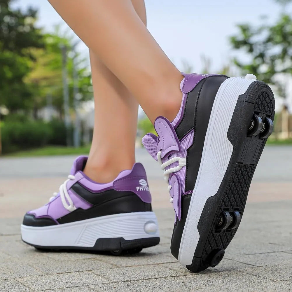 Roller Shoes for Boys & Girls Comfortable Breathable Sneakers with Detachable Retractable Wheels Kids Wheeled Footwear with Front Toe Brake Beginner Roller Skates