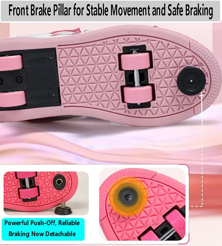 Roller Shoes for Boys & Girls Comfortable Breathable Sneakers with Detachable Retractable Wheels Kids Wheeled Footwear with Front Toe Brake Beginner Roller Skates