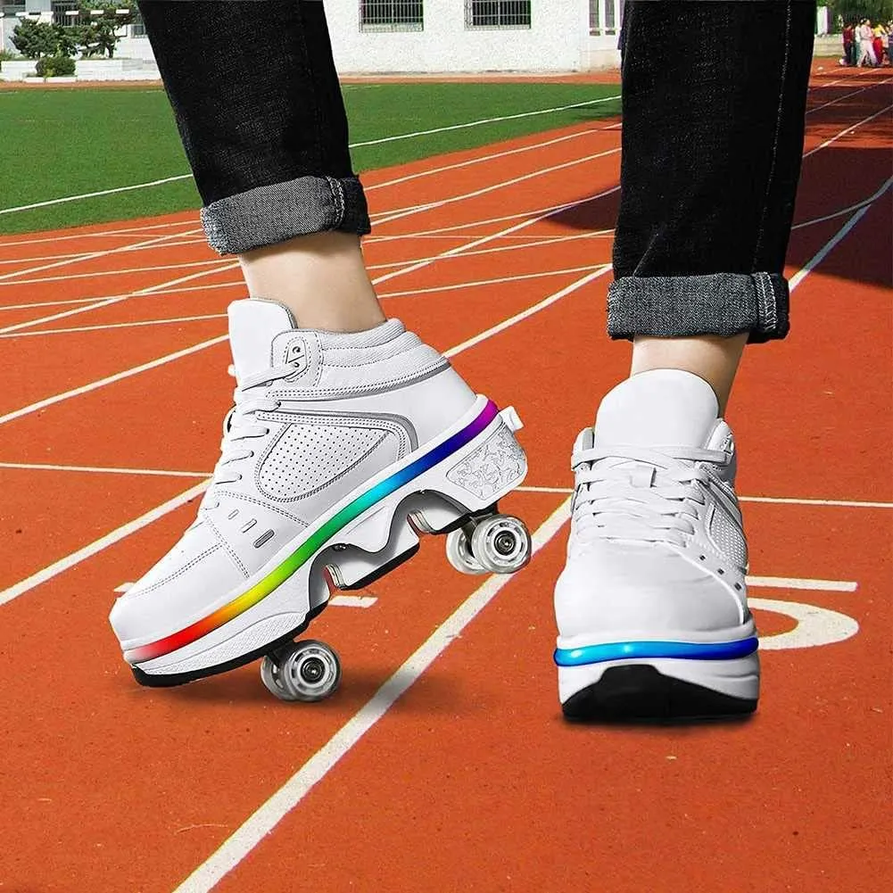 Roller Skates for Women Men Outdoor,2 in1 Parkour Shoes with Wheels for Girls/Boys,Double Row Deform Kick Roller Shoes Retractable Adults/Kids,Quad Roller Skates,Skating Shoes Recreation Sneakers