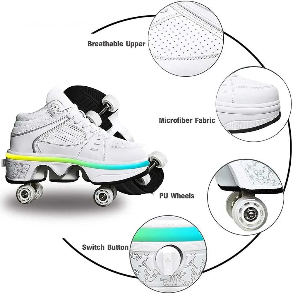 Roller Skates for Women Men Outdoor,2 in1 Parkour Shoes with Wheels for Girls/Boys,Double Row Deform Kick Roller Shoes Retractable Adults/Kids,Quad Roller Skates,Skating Shoes Recreation Sneakers