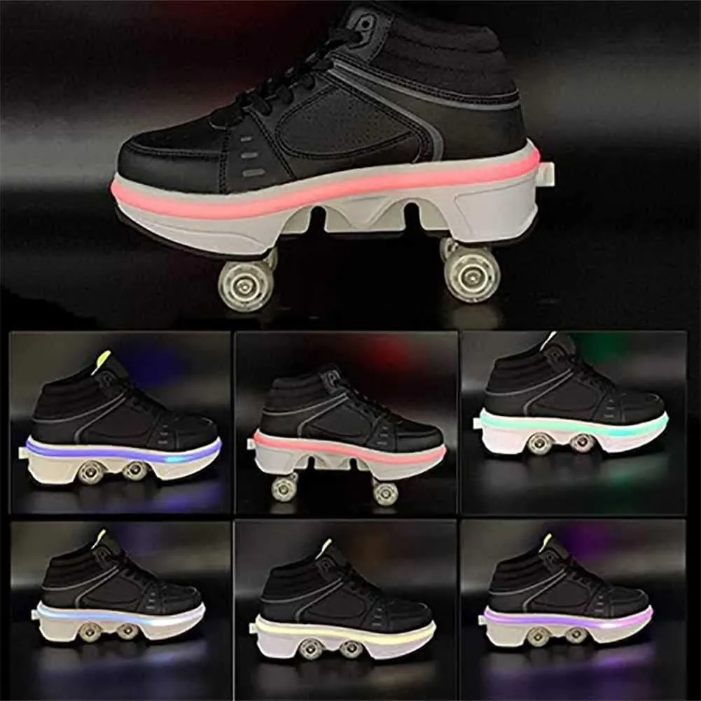 Roller Skates for Women Men Outdoor,2 in1 Parkour Shoes with Wheels for Girls/Boys,Double Row Deform Kick Roller Shoes Retractable Adults/Kids,Quad Roller Skates,Skating Shoes Recreation Sneakers