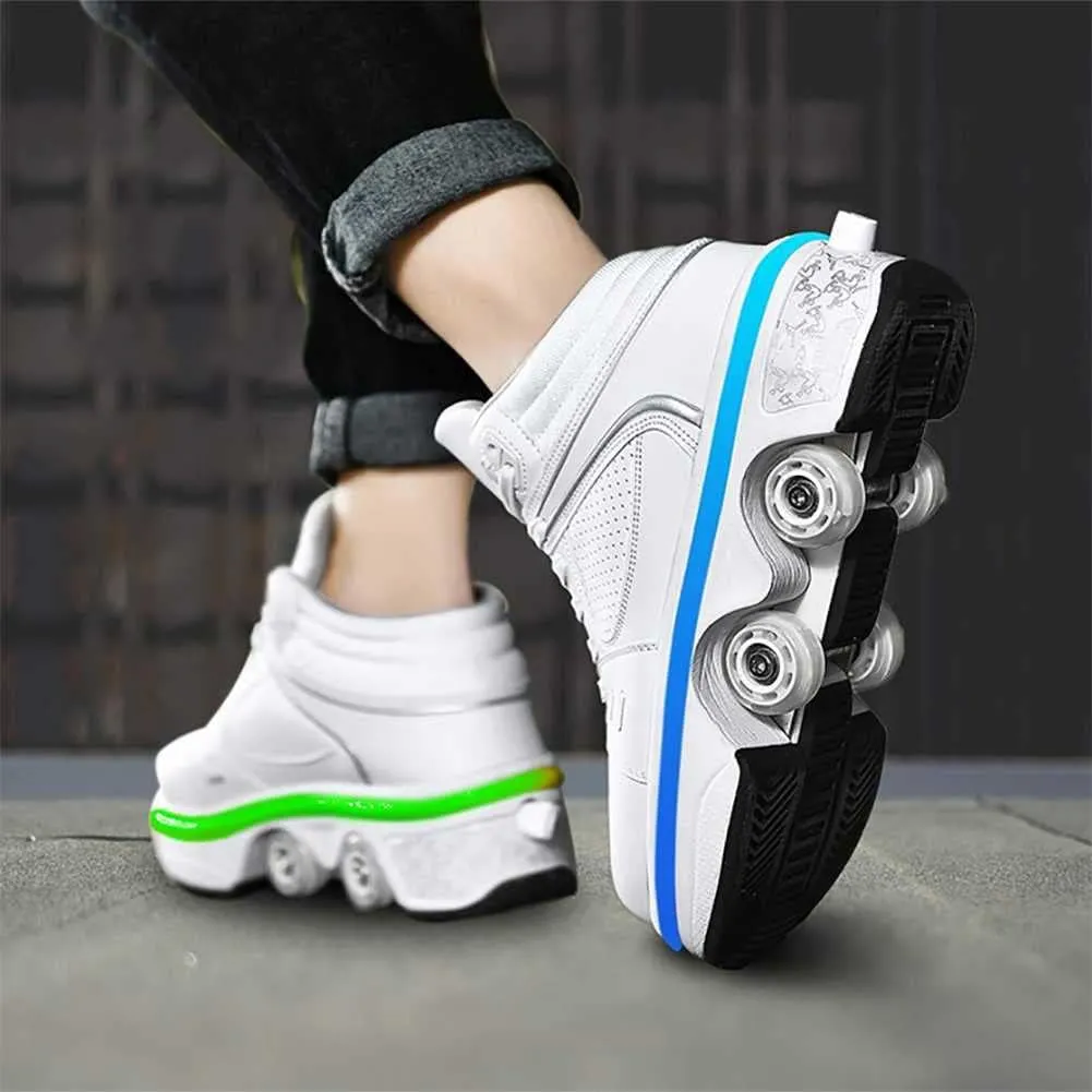 Roller Skates for Women Men Outdoor,2 in1 Parkour Shoes with Wheels for Girls/Boys,Double Row Deform Kick Roller Shoes Retractable Adults/Kids,Quad Roller Skates,Skating Shoes Recreation Sneakers